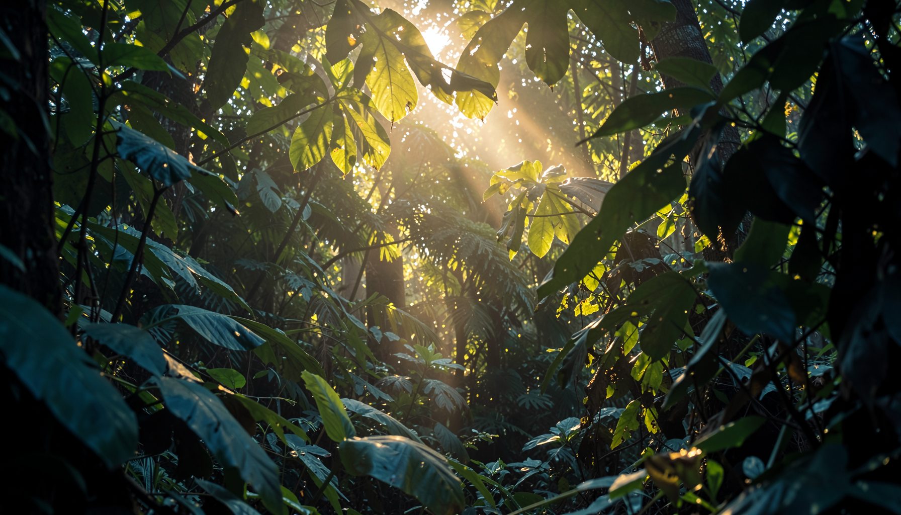 Sunlight filtering through a dense rainforest canopy with broad green leaves and dappled shade