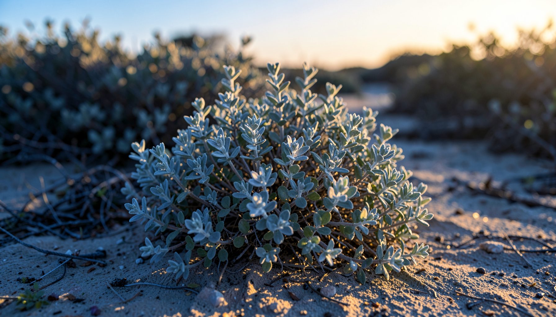 Silvery-grey saltbush with small rounded leaves growing in sandy coastal soil