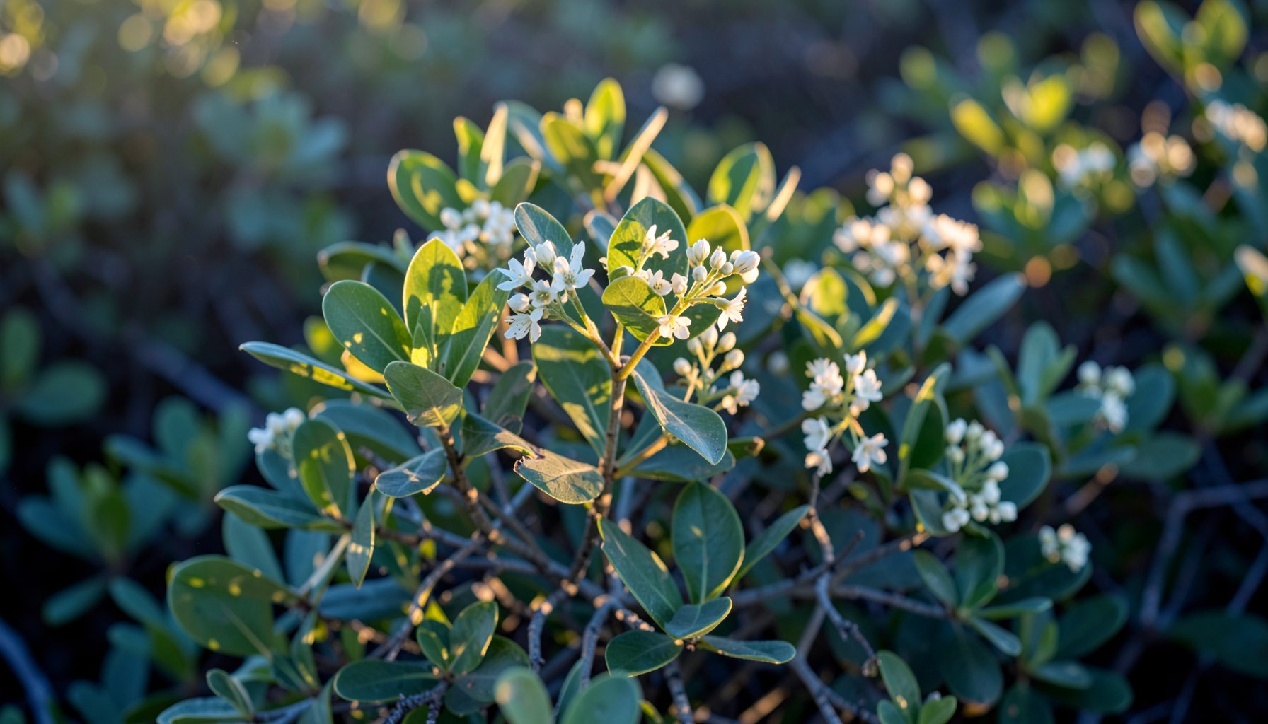 Mangrove shrub with small white flowers and thick oval leaves, soft green and grey tones