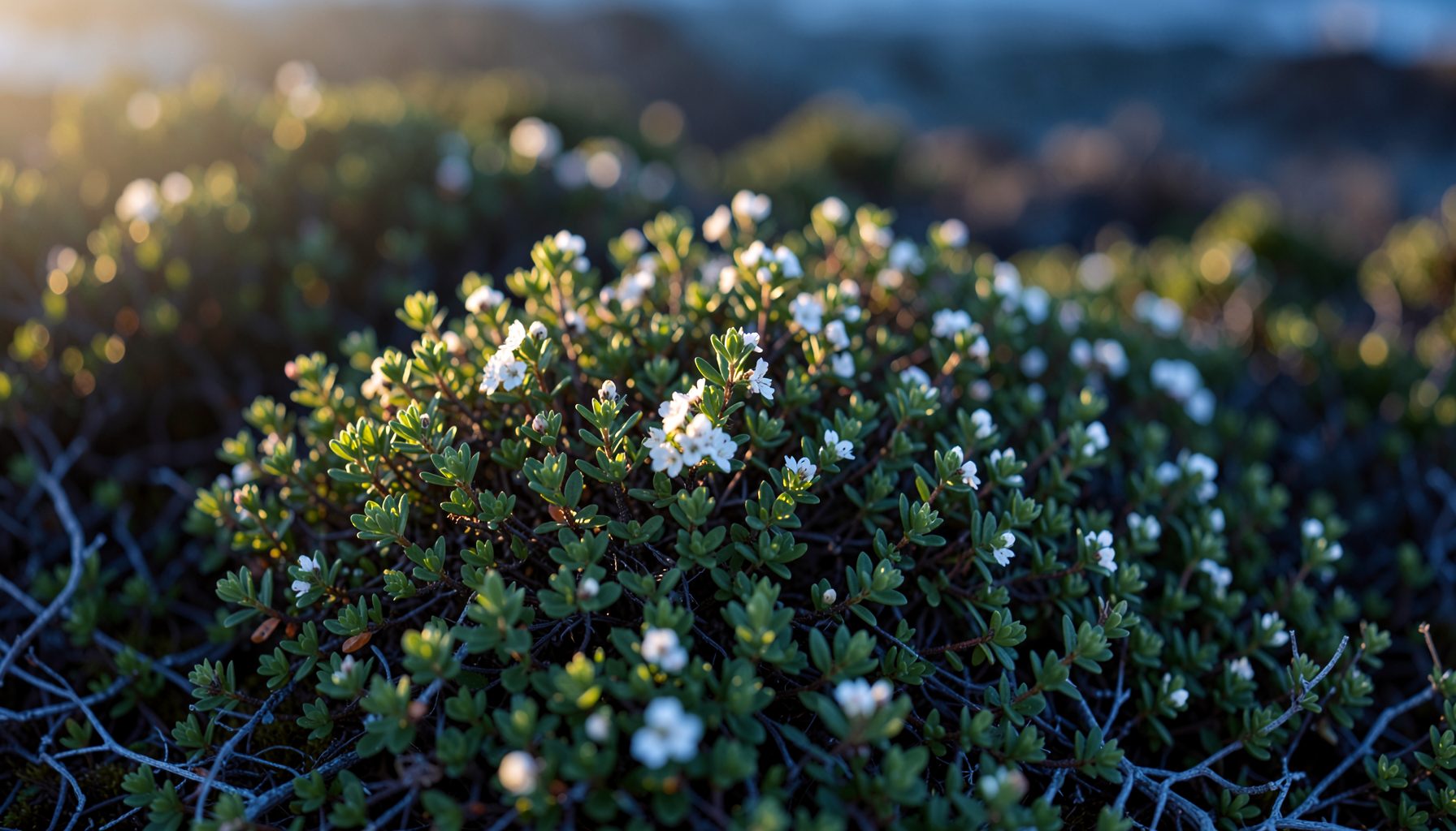 Low heath shrub with small rounded leaves and delicate white flowers, coastal heath