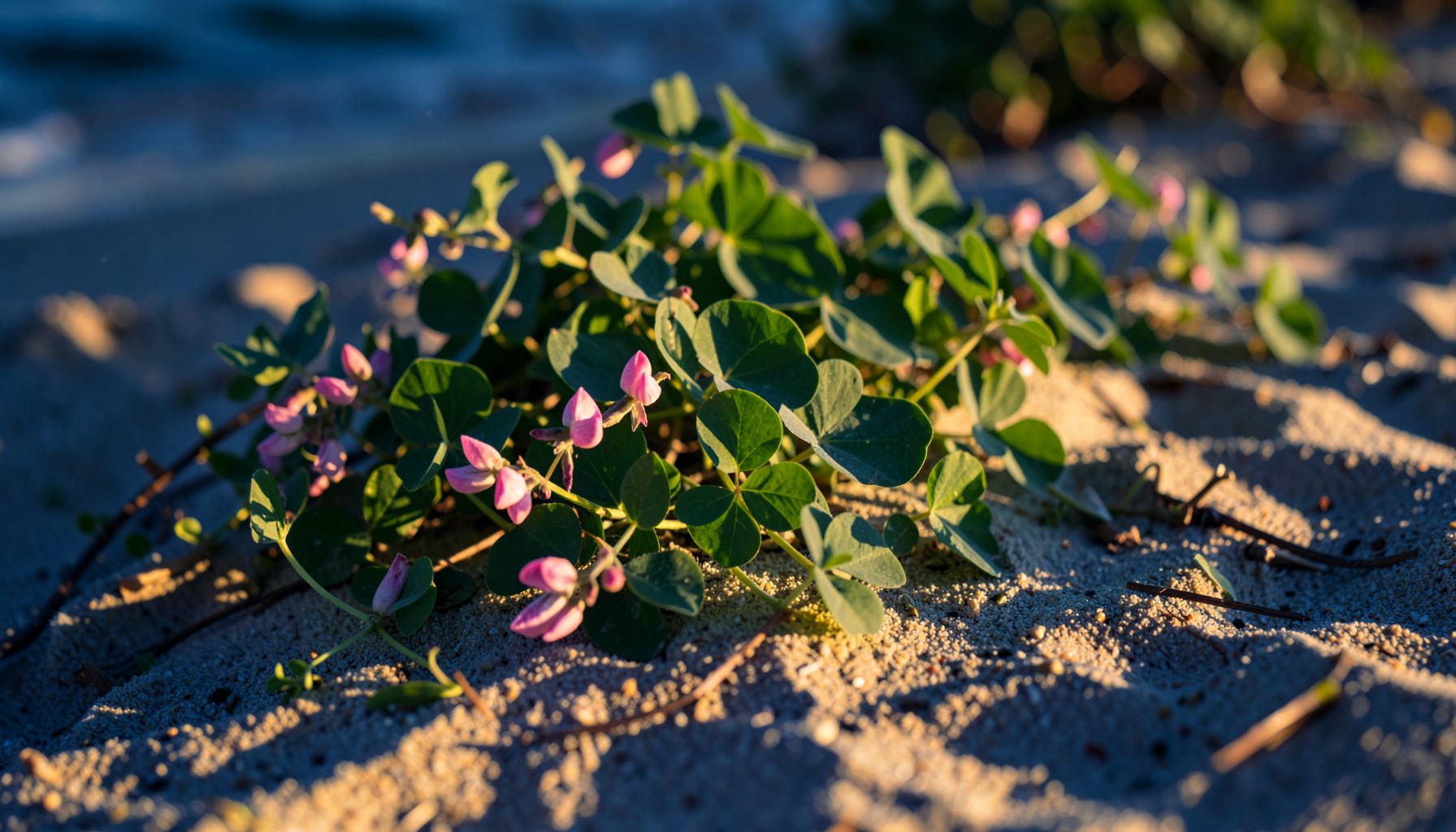 Trailing beach vine with pink pea-like flowers and trifoliate green leaves on sand