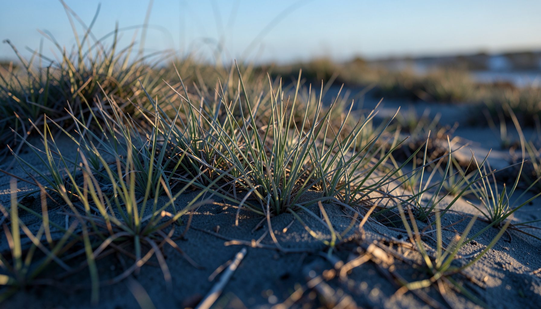 Low sand-binding sedge with narrow grey-green leaves spreading across coastal dunes