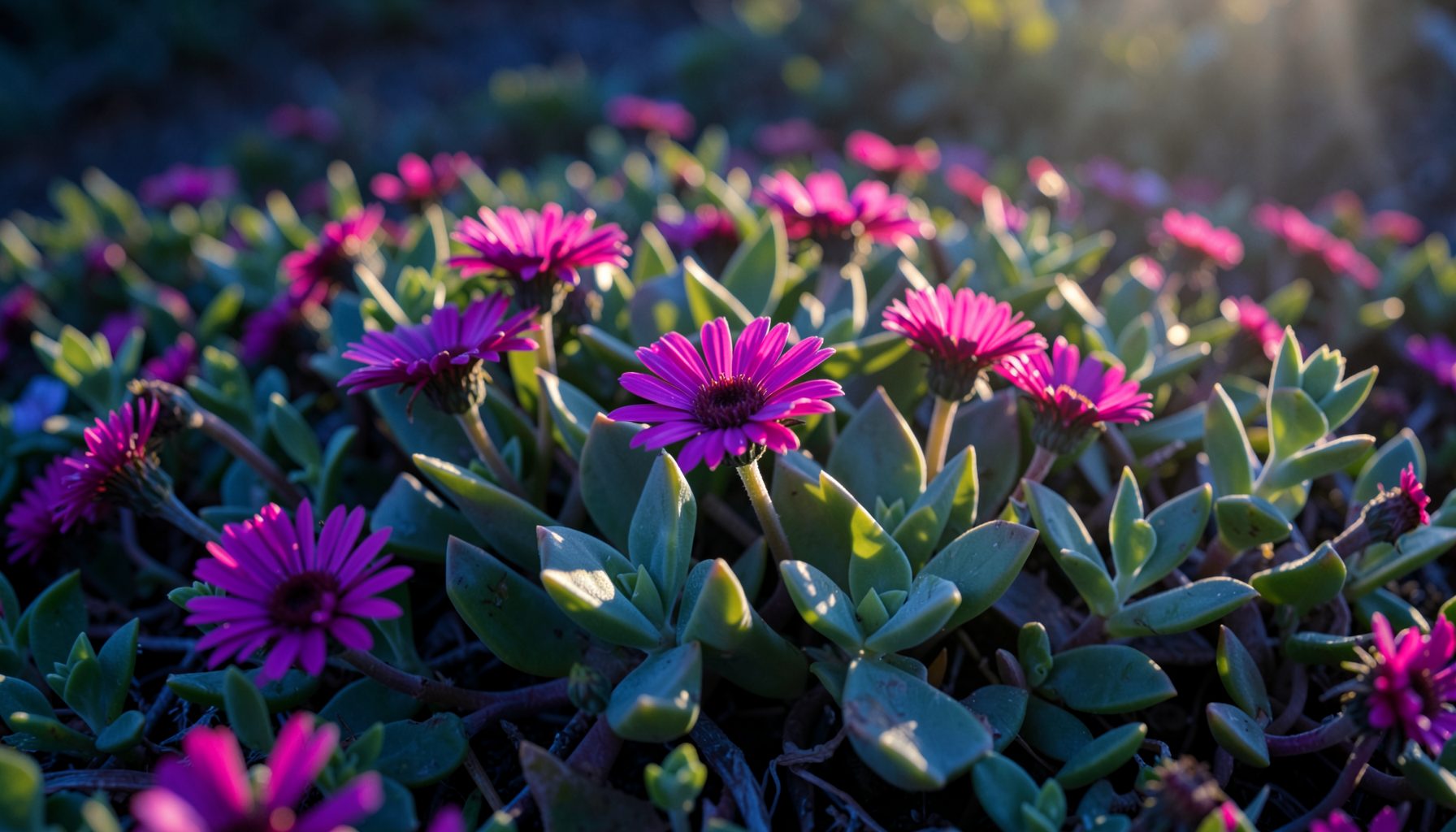 Succulent groundcover with bright magenta daisy-like flowers and fleshy triangular leaves