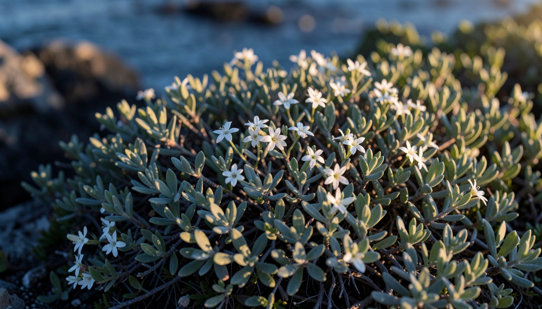 Rounded coastal shrub with soft grey-green oval leaves and small white star-shaped flowers