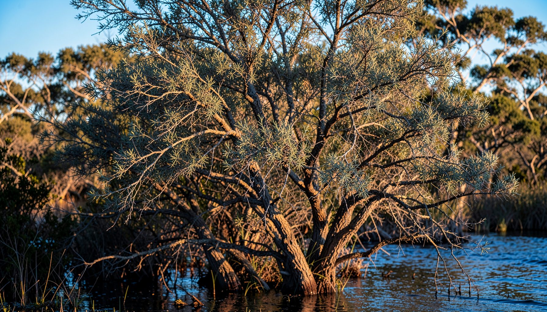 Swamp she-oak with fine grey-green branchlets and rough bark, growing near tidal water