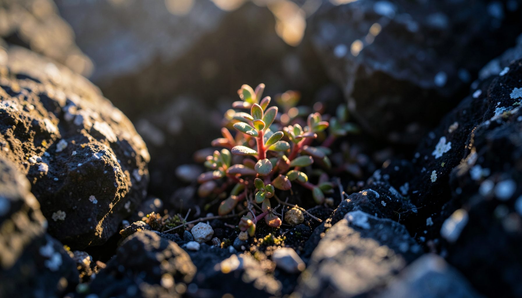 Tiny succulent herb with reddish stems and small fleshy leaves growing in rock crevices