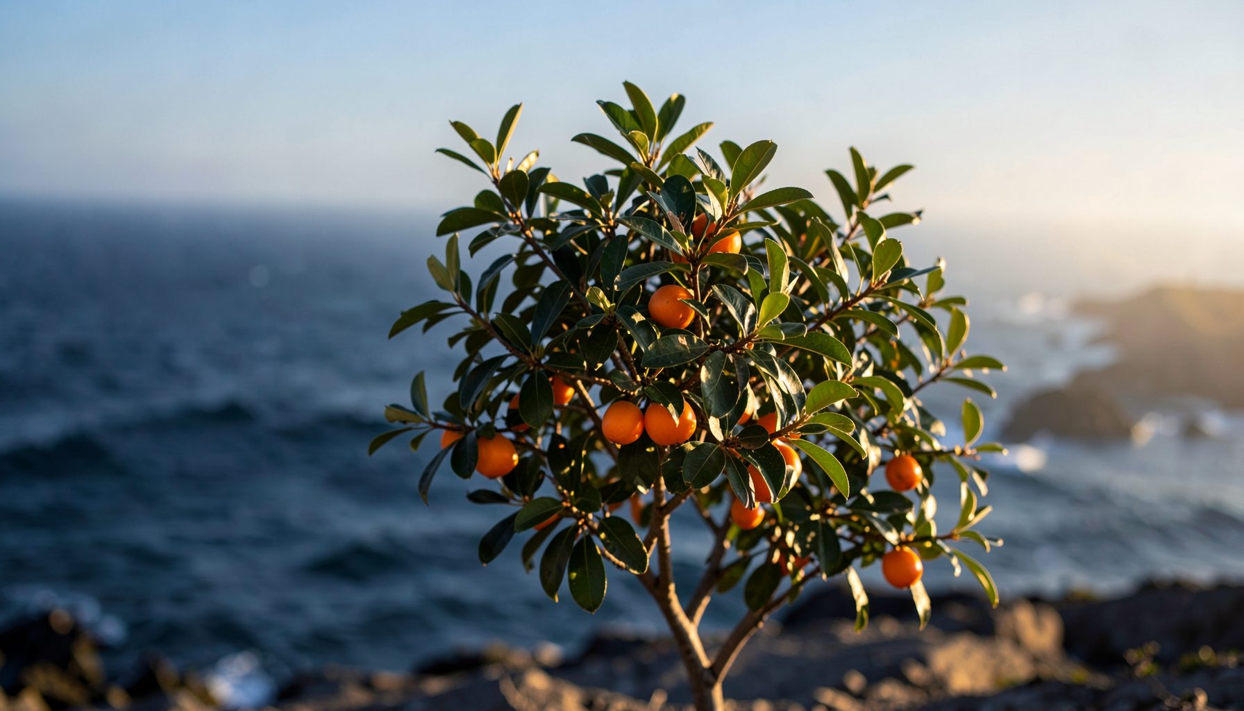Small coastal tree with glossy compound leaves and orange fruit, growing near the shore