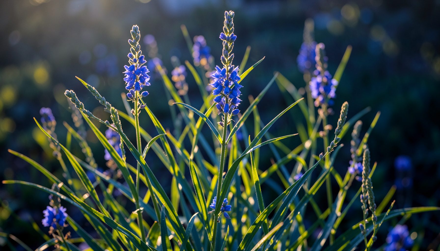 Clumping flax lily with strappy green leaves and bright blue-purple berries on tall stems