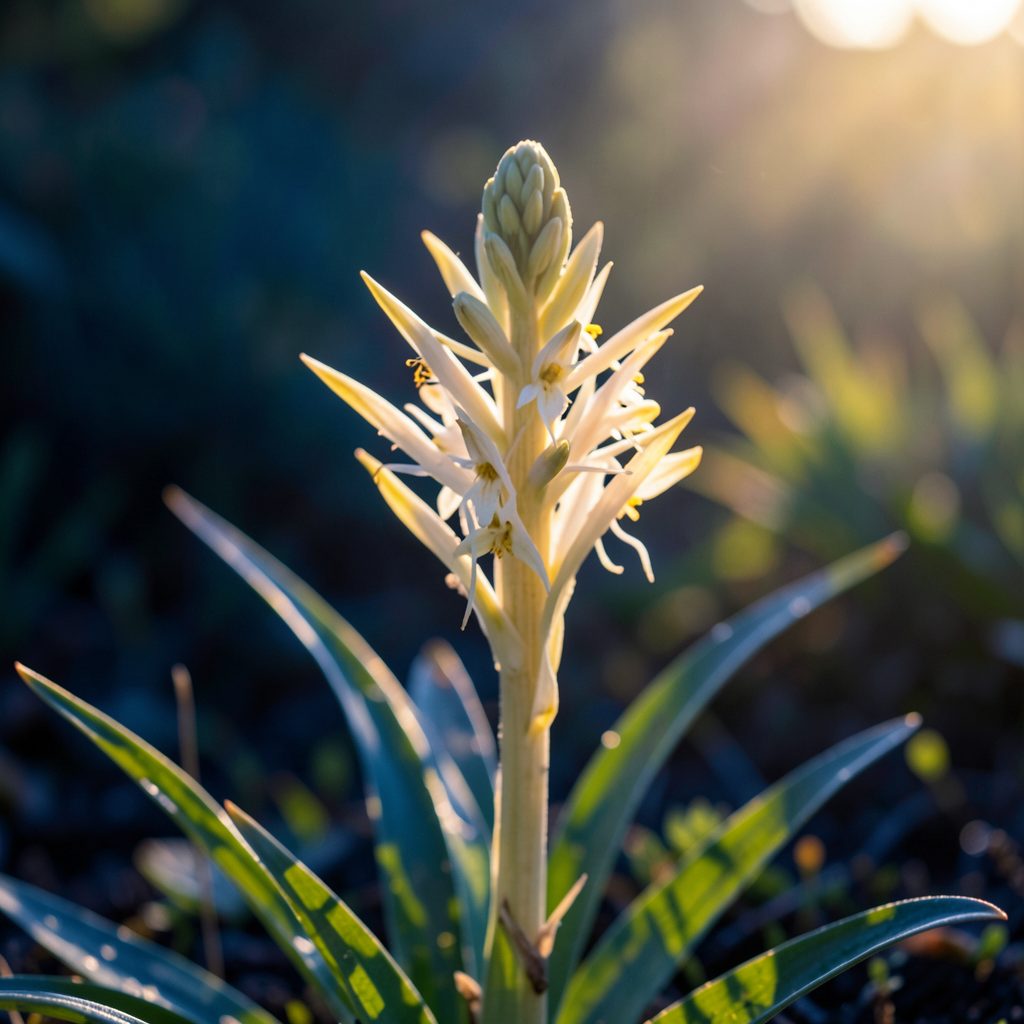 Pale blue native orchid flower on a thin upright stem in bushland