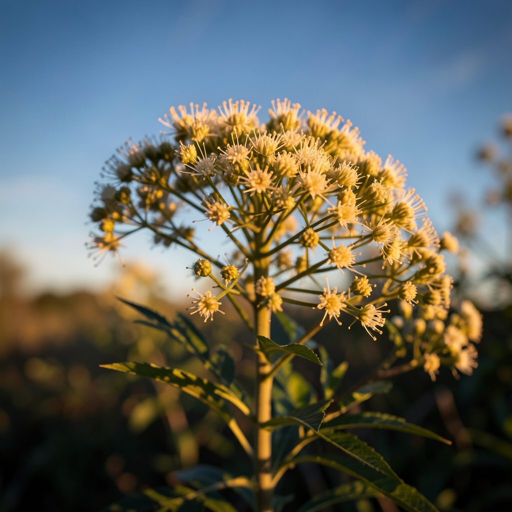Slender native shrub with narrow blue-green leaves and small flower clusters